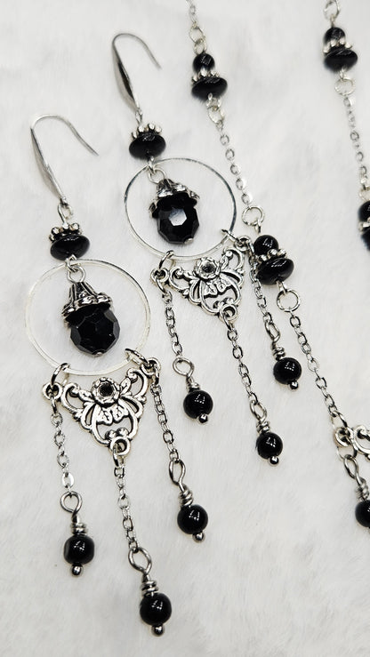 Vintage Filigree Set - Black Crystal Dragonfly and Silver Filigree Pendant Necklace with Earrings