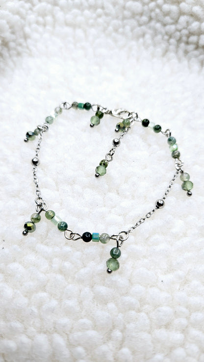 Glorious Greens Set - Silver Leaf Beaded Tassel Earrings & Matching Bracelet