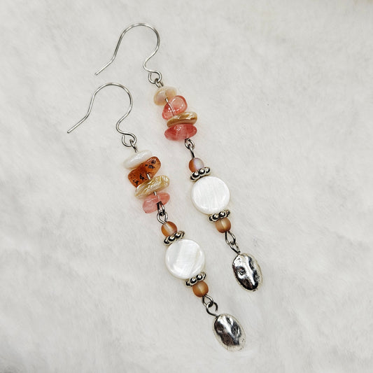 Coral Stone Chip and Pearly Shell Dangles