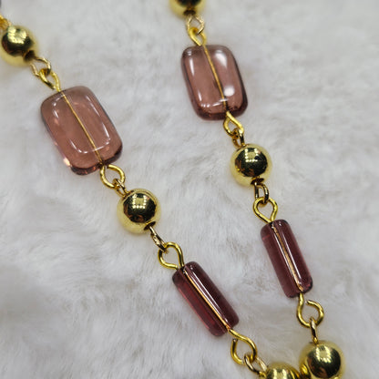 Gold Heart Pendant Necklace with Dark Mauve Glass Beaded Chain