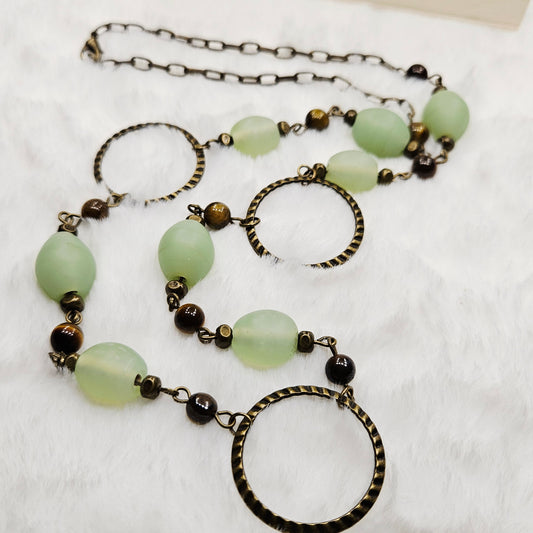 Tigers Eye and Green Frosted Glass Necklace in Antiqued Brass