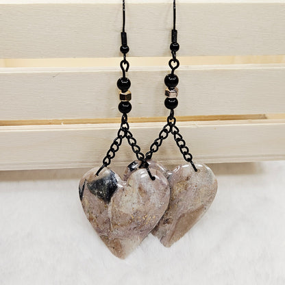 Black and Brown Gold Flake Marble Heart Polymer Clay Earrings with Black Chain
