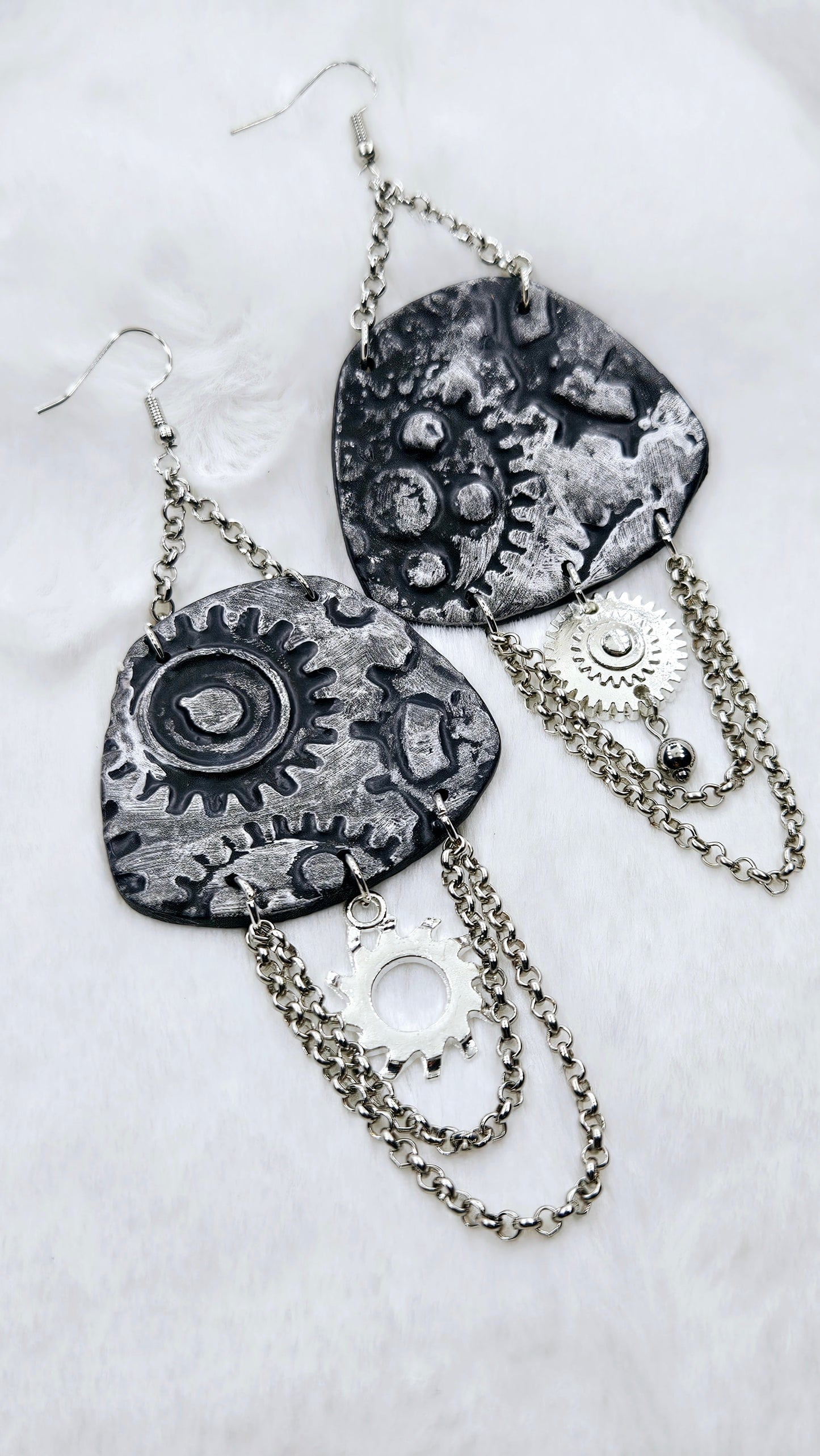 Pop, Lock & Cog It Silver Steampunk Chain Dangle Earrings with Silver Cogs