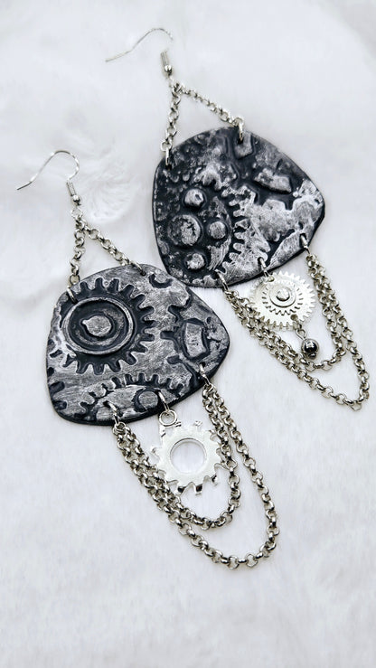 Pop, Lock & Cog It Silver Steampunk Chain Dangle Earrings with Silver Cogs