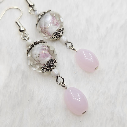Hidden Flower Crystal Dangle Earrings with Light Pink Oval Glass and Silver Flower Caps - 2¼"
