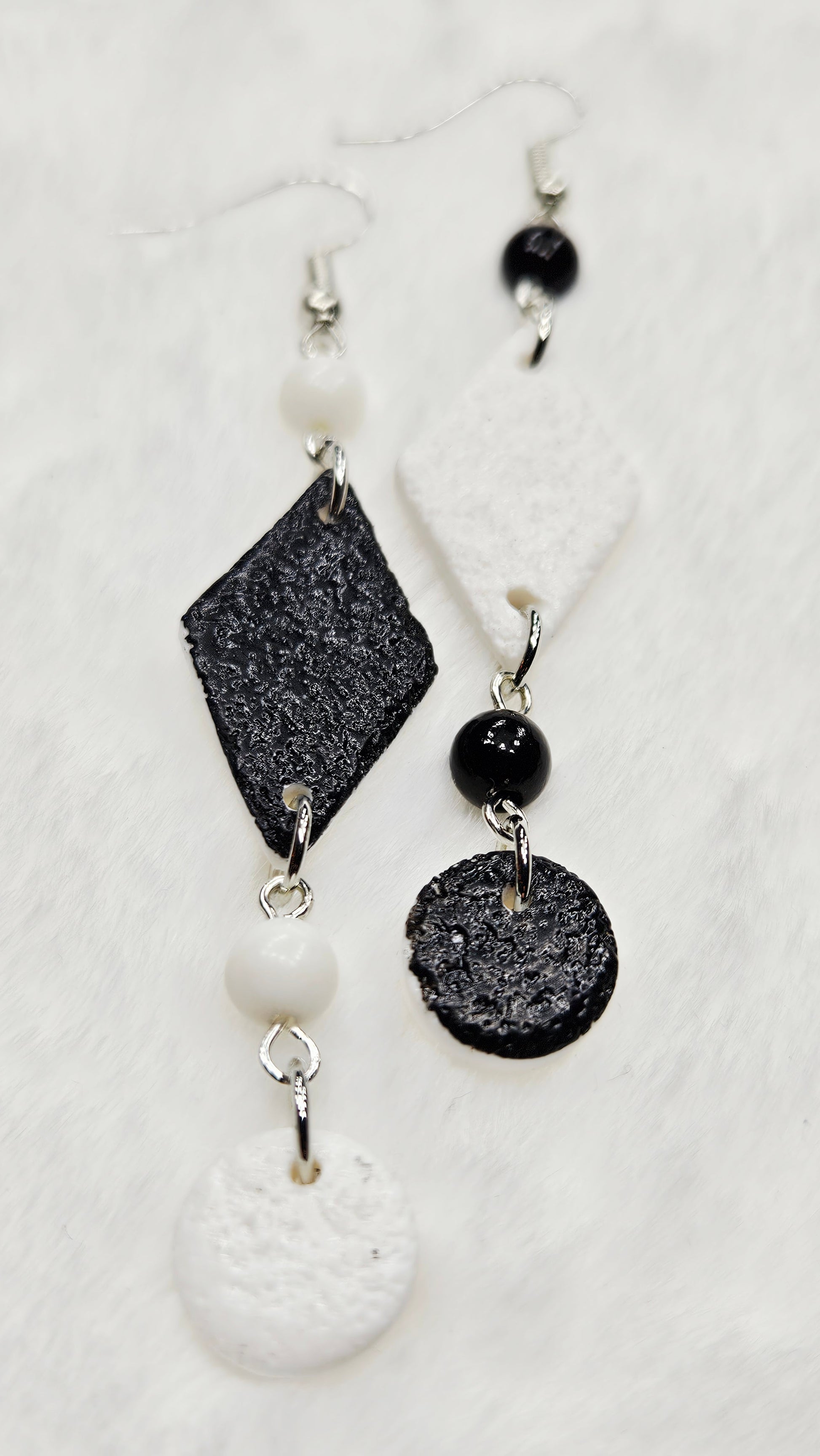 Monochrome Clay Kites Asymmetrical Dangle Earrings with Beads & Buttons