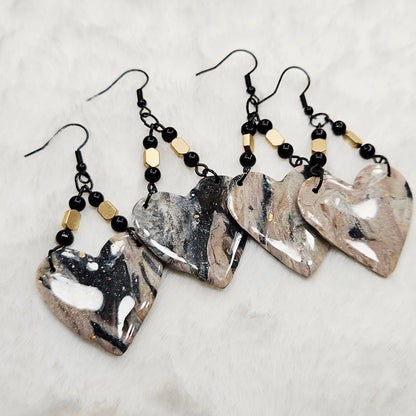 Black and Brown Gold Flake Marble Heart Polymer Clay Earrings with Black and Gold Beads