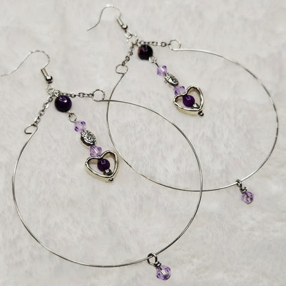 Large Silver Hoop Earrings with Tiny Purple Accents and Heart Dangles