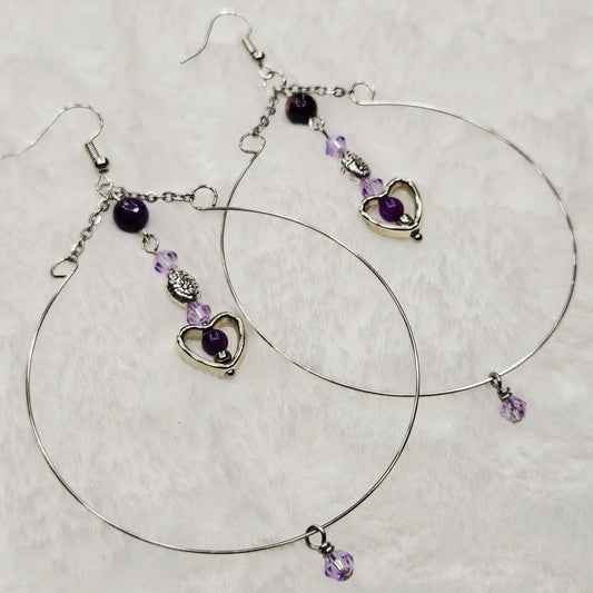 Large Silver Hoop Earrings with Tiny Purple Accents and Heart Dangles