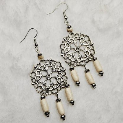 Round Antique Silver Tibetan Filigree Rhombus Chandelier Earrings with White Dangles