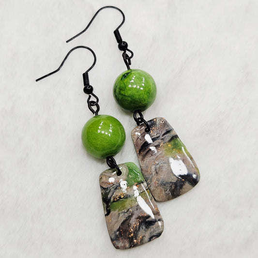 Lime Green Camouflage Polymer Clay Paddle Earrings