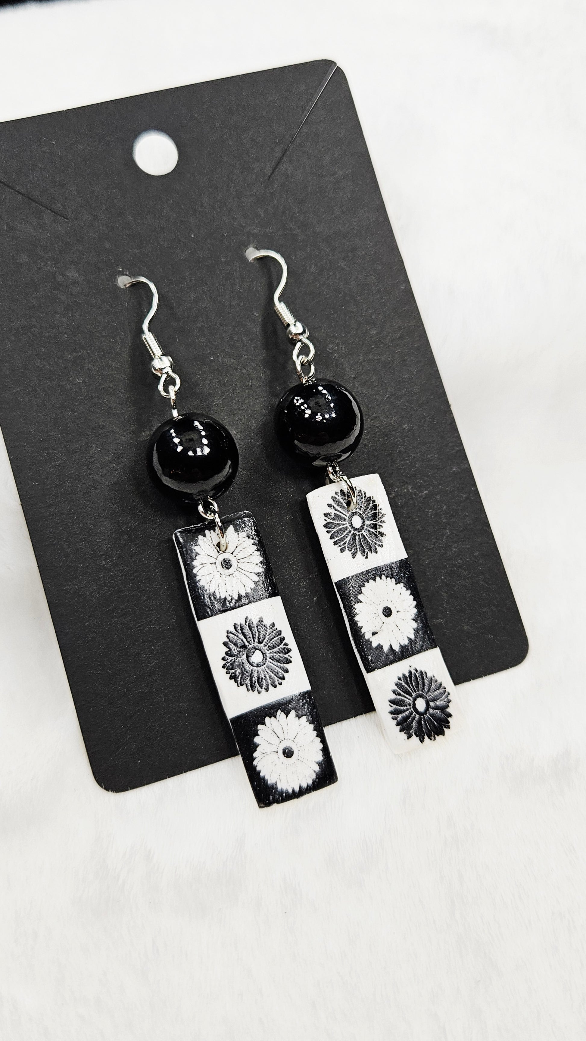 Monochrome Floral Clay Bar Dangle Earrings
