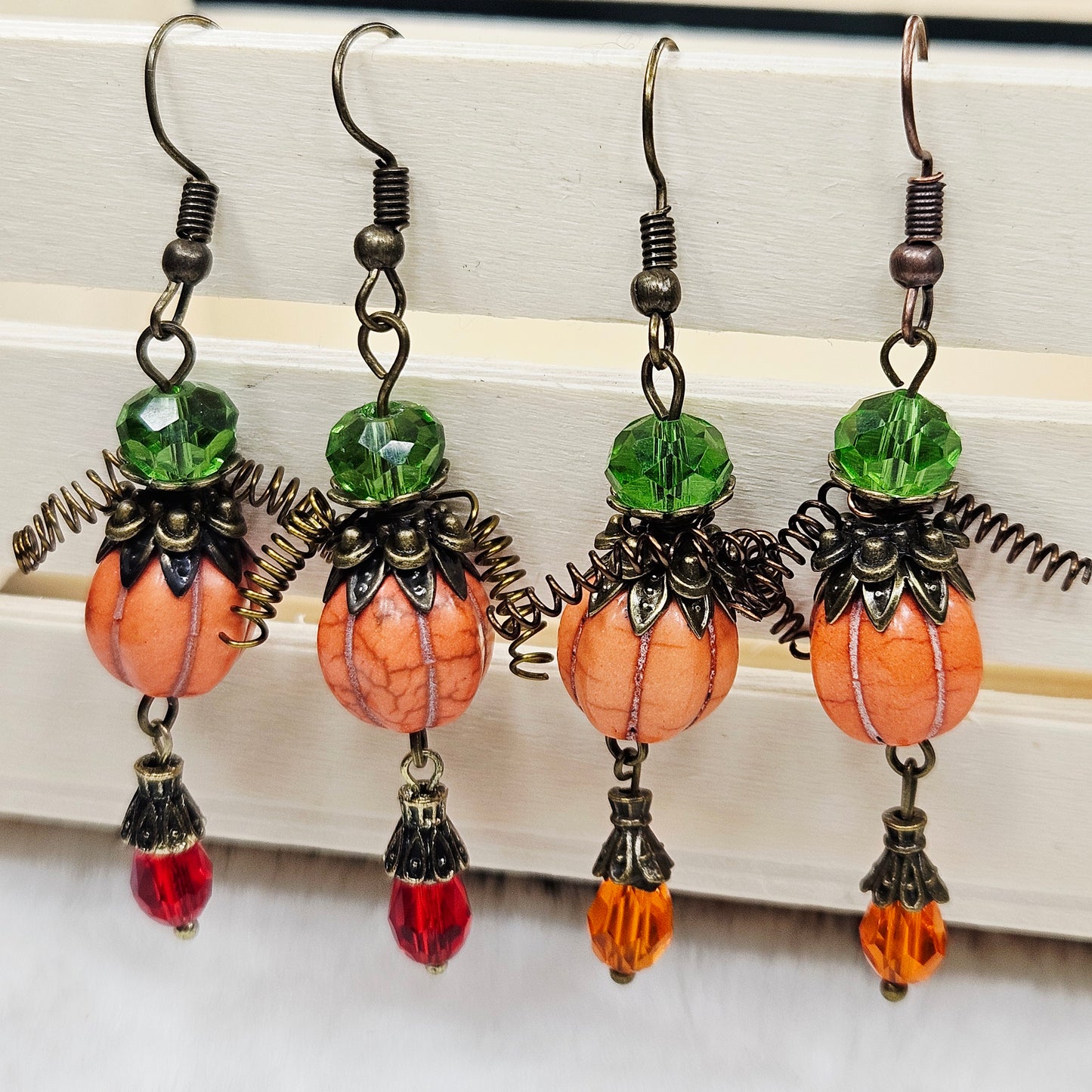 Orange "Pumpkin Men" Earrings with Crystal Teardrop Dangles on Brass