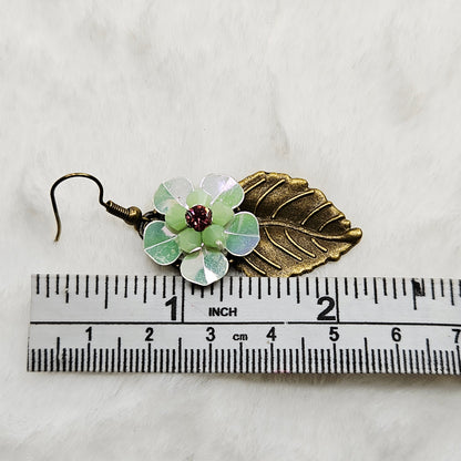 Brass Leaf Earrings with Light Green Iridescent Flowers
