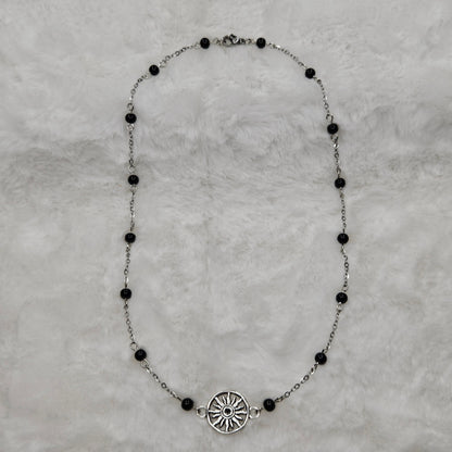 Black Hole Sun Beaded Silver Chain Necklace with Polished Black Glass - 16"