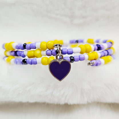 Playful Purple and Yellow Seed Bead Wrap Bracelet with Purple Heart Charm