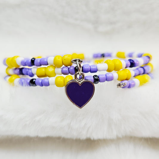 Playful Purple and Yellow Seed Bead Wrap Bracelet with Purple Heart Charm