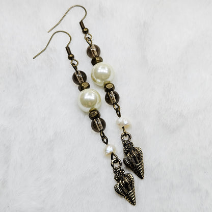Long Bronze Conch Shell Earrings with Smokey Brown Glass and Pearl