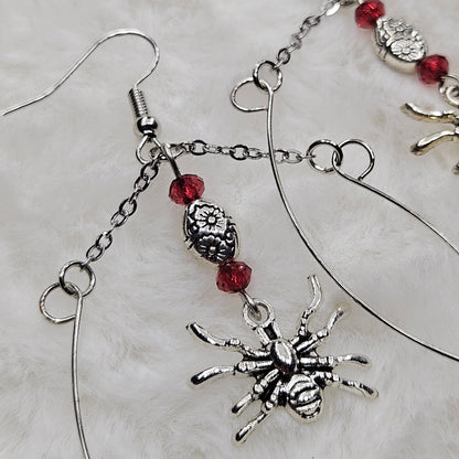 Silver Stainless Steel Hoops with Spider Dangles and Tiny Red Accents - 3½"