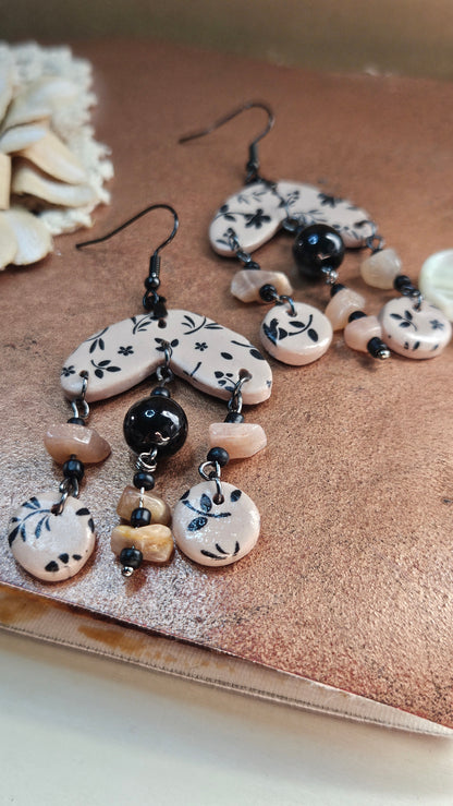 Funky Black & Tan Clay Earrings with Brown Natural Stone Dangles - 2½"