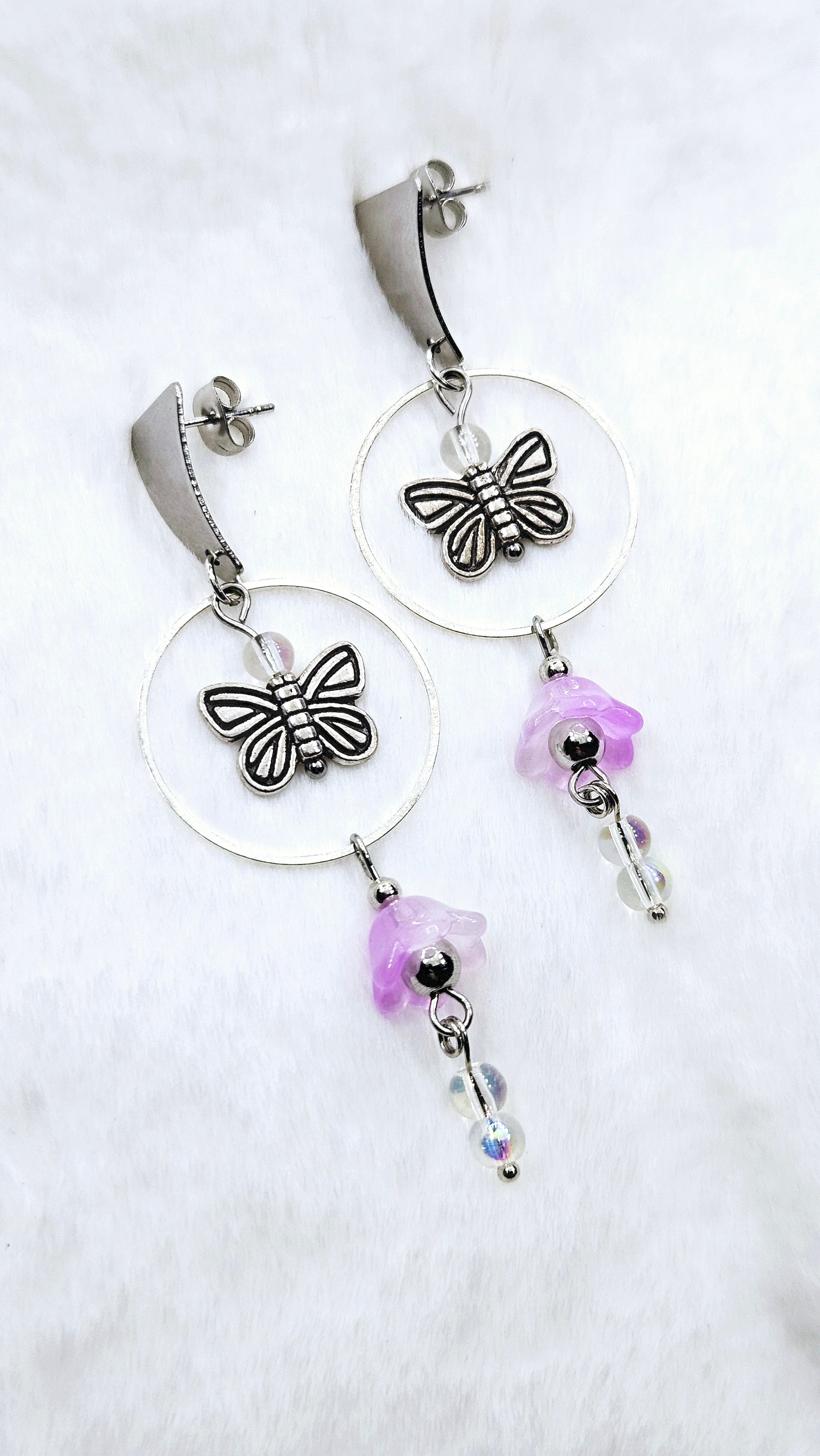 Butterflies n' Bellflowers: Silver Dangling Hoop Earrings with Purple Flowers