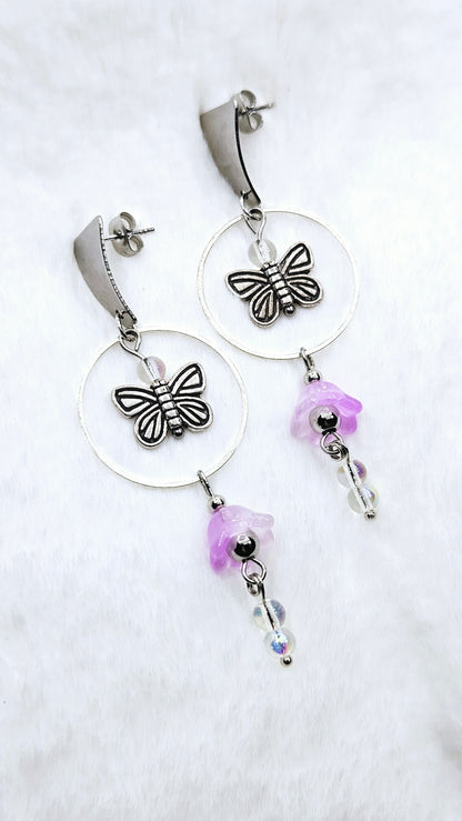 Butterflies n' Bellflowers: Silver Dangling Hoop Earrings with Purple Flowers