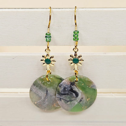 Lime Green Camouflage Polymer Clay Earrings with Gold Flowers
