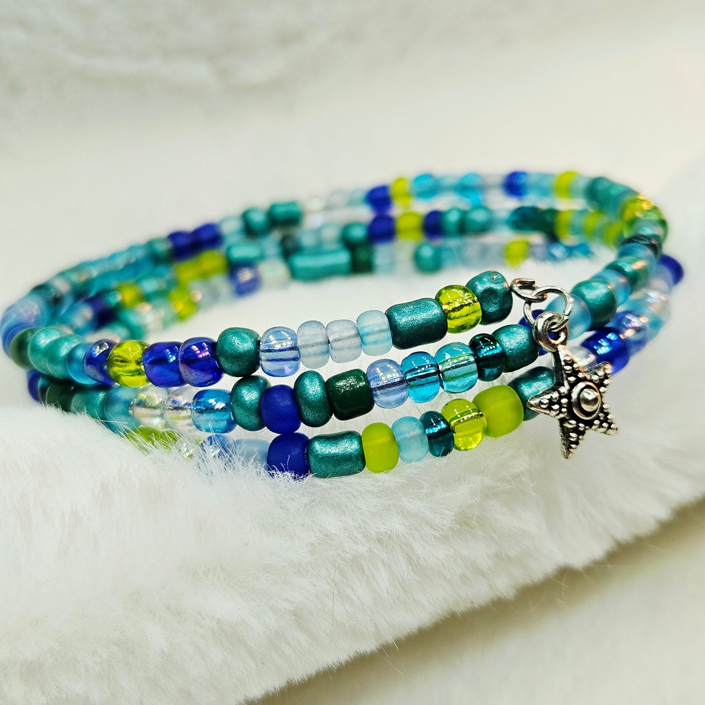 Star Forest Blue and Green Seed Bead Wrap Bracelet with Star Charm