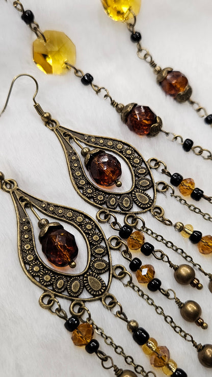 Large Brass Chandelier Earrings with Dark Amber and Golden Crystals