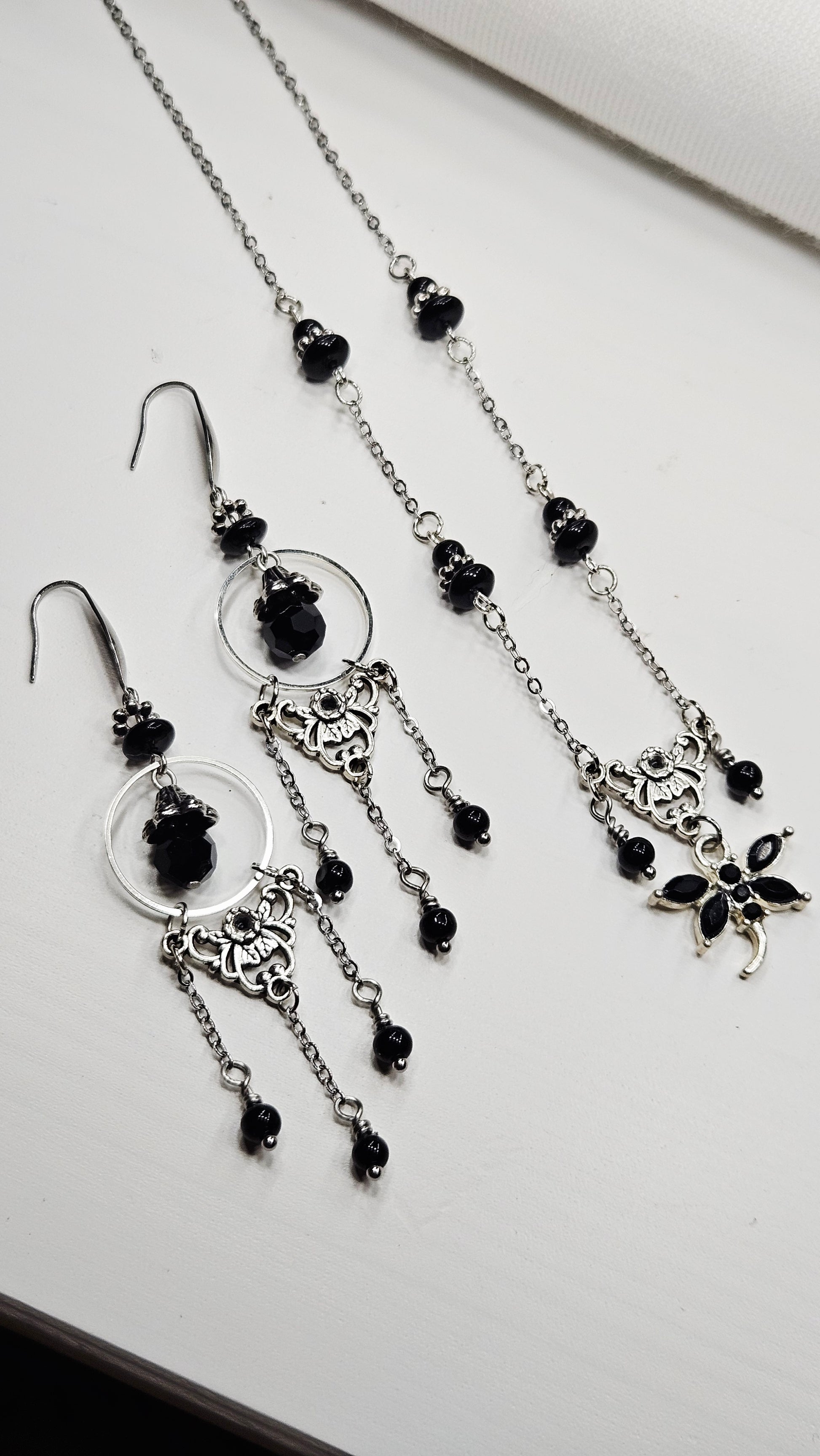 Vintage Filigree Set - Black Crystal Dragonfly and Silver Filigree Pendant Necklace with Earrings