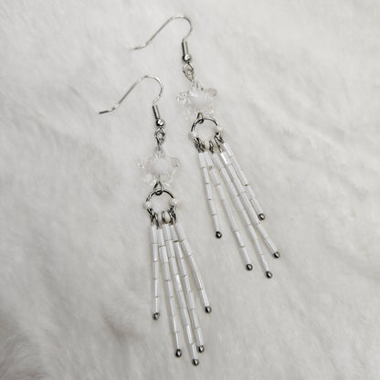 White Crystal Star Burst Earrings with Long Bugle Beaded Tassels