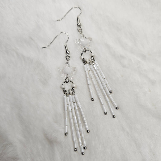 White Crystal Star Burst Earrings with Long Bugle Beaded Tassels