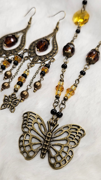 Large Brass Butterfly Pendant Necklace with Dark Amber and Golden Crystals