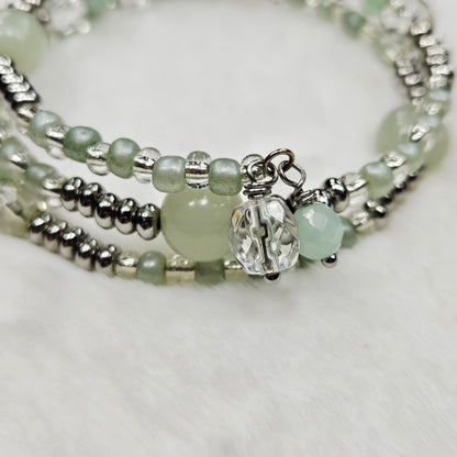 Silver and Pale Green Wrap Bracelet with Clear Crystal