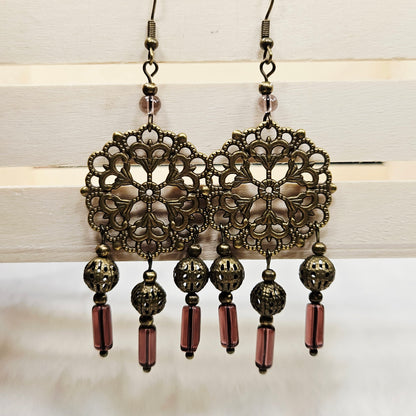 Round Antique Brass Tibetan Filigree Rhombus Chandelier Earrings with Smokey Purple Dangles