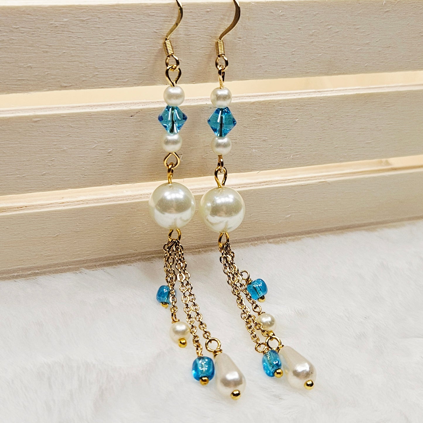 Long Light Blue and Pearl Gold Chain Dangles