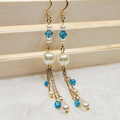 Long Light Blue and Pearl Gold Chain Dangles