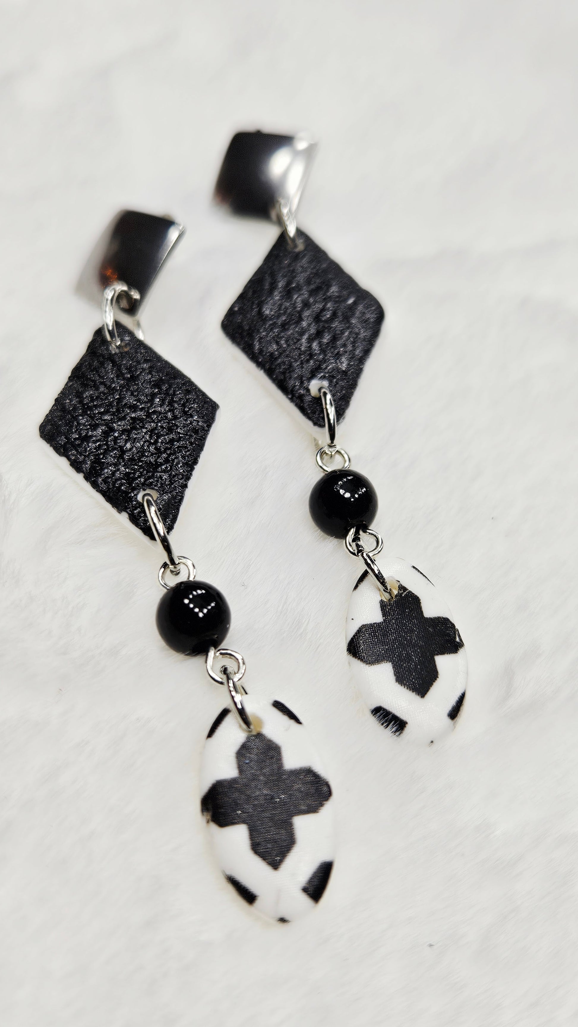 Monochrome Clay Black Kites Dangle Earrings with Cross Print Oval Buttons 
