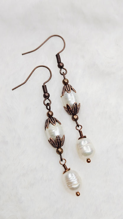 Antique Copper Leaf Cap Dangle Earrings with Freshwater Pearls 