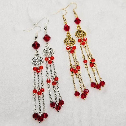 Long Red Crystal Micro Chandelier Earrings in Silver or Gold
