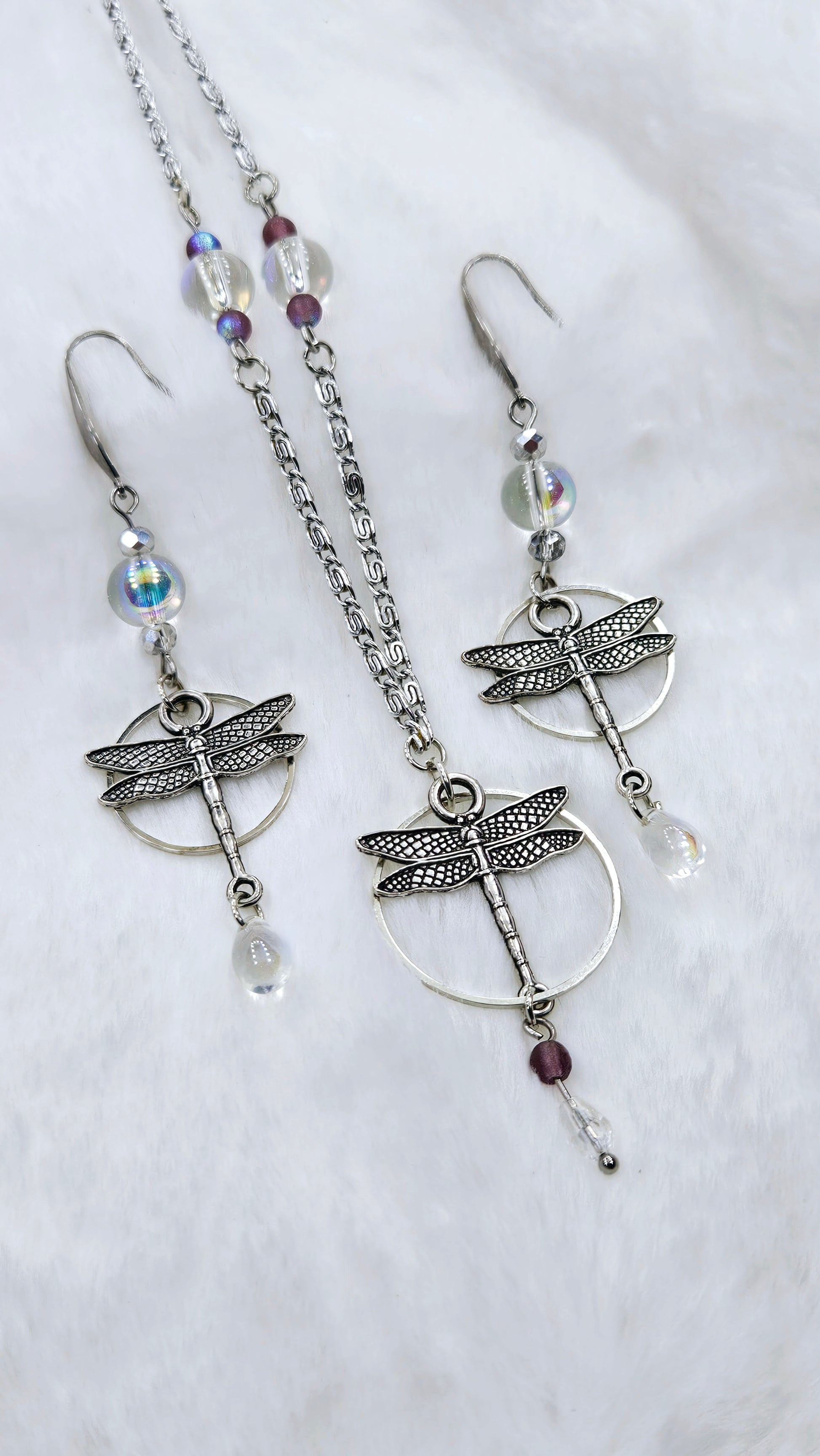 Dreamy Dragonflies Set: Silver Dragonfly Pendant Necklace with Matching Earrings