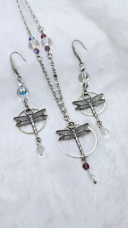 Dreamy Dragonflies Set: Silver Dragonfly Pendant Necklace with Matching Earrings