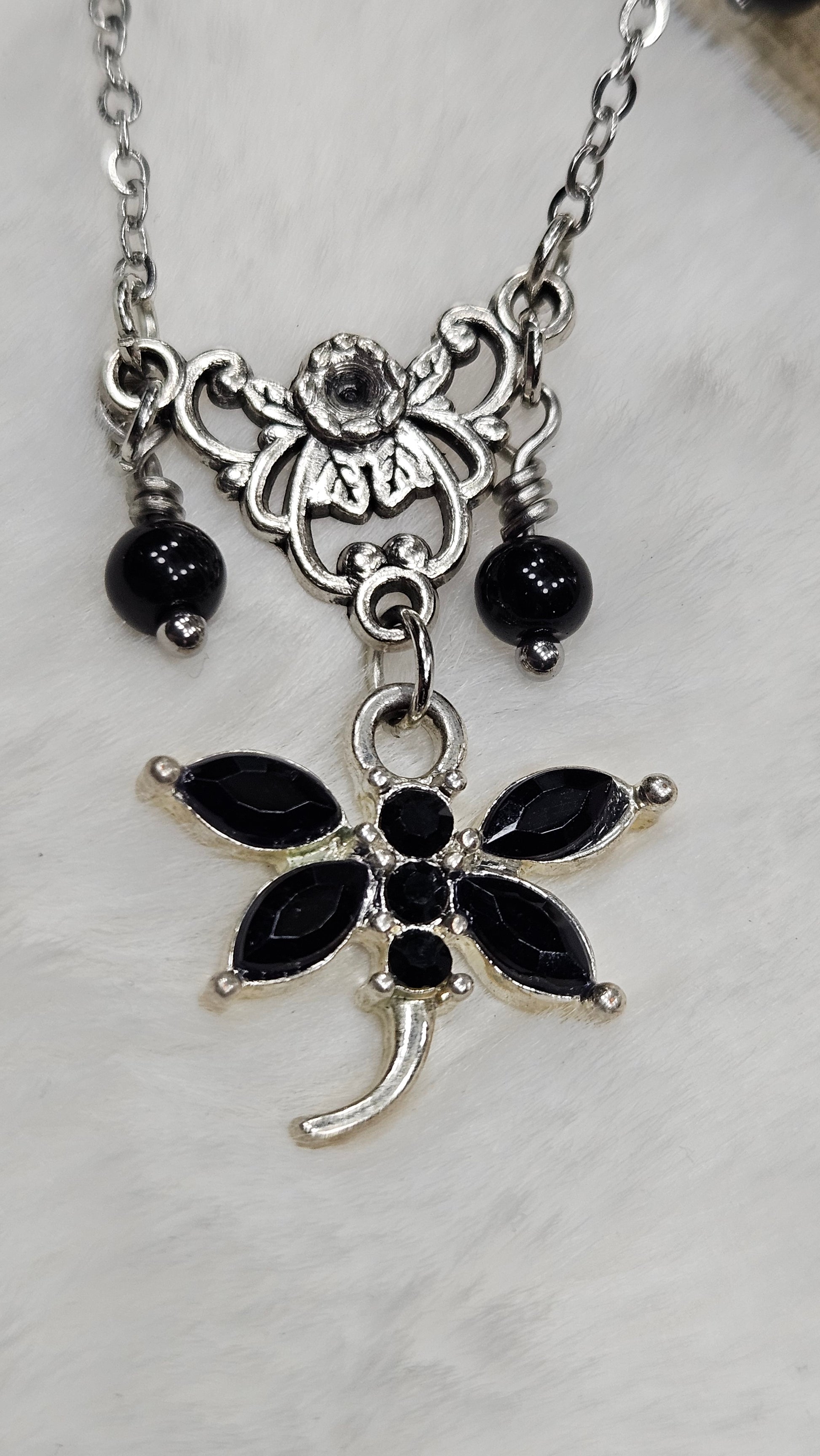 Vintage Filigree Set - Black Crystal Dragonfly and Silver Filigree Pendant Necklace with Earrings