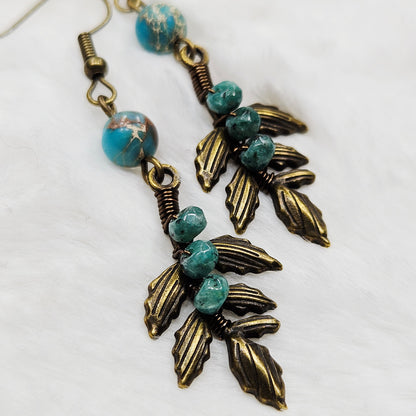 Blue Dalmation Jasper and Imperial Jasper Antiqued Brass Branch Dangles