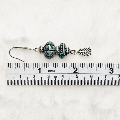 Western Style Vintage Turquoise and Silver Dangle Earrings with Feather Charms