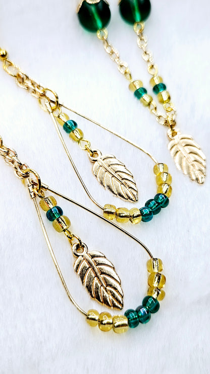 Gallant Golden Leaves Set: Golden Leaf Pendant Necklace & Earrings with Gold Teardrop Hoops