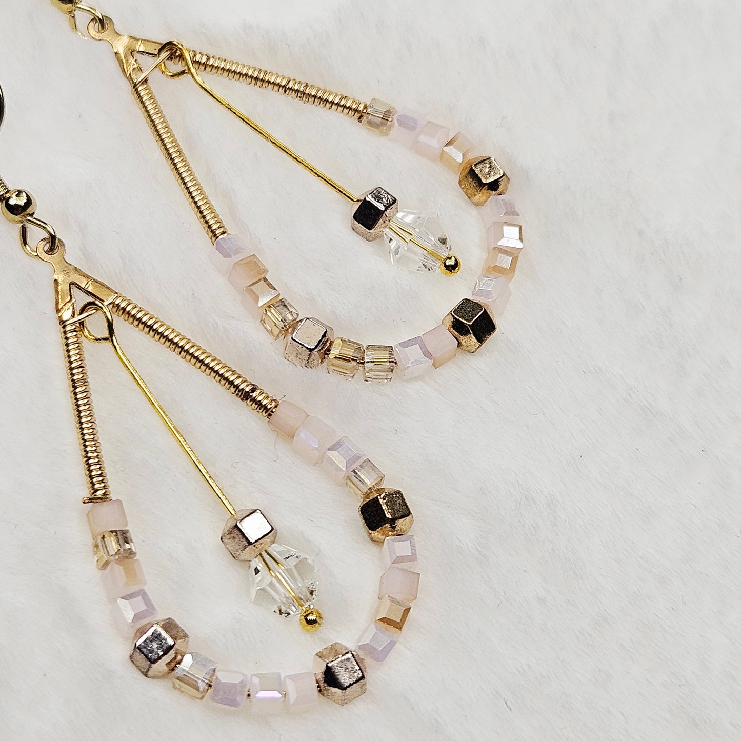Gold Teardrop Hoops with Pale Pink and Gold Beads