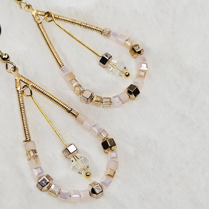 Gold Teardrop Hoops with Pale Pink and Gold Beads