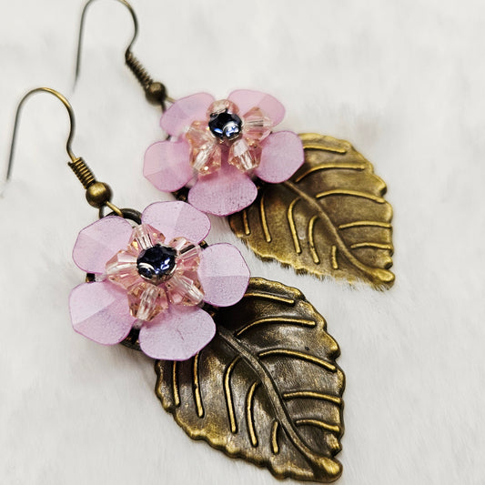 Brass Leaf Earrings with Light Pink Flowers