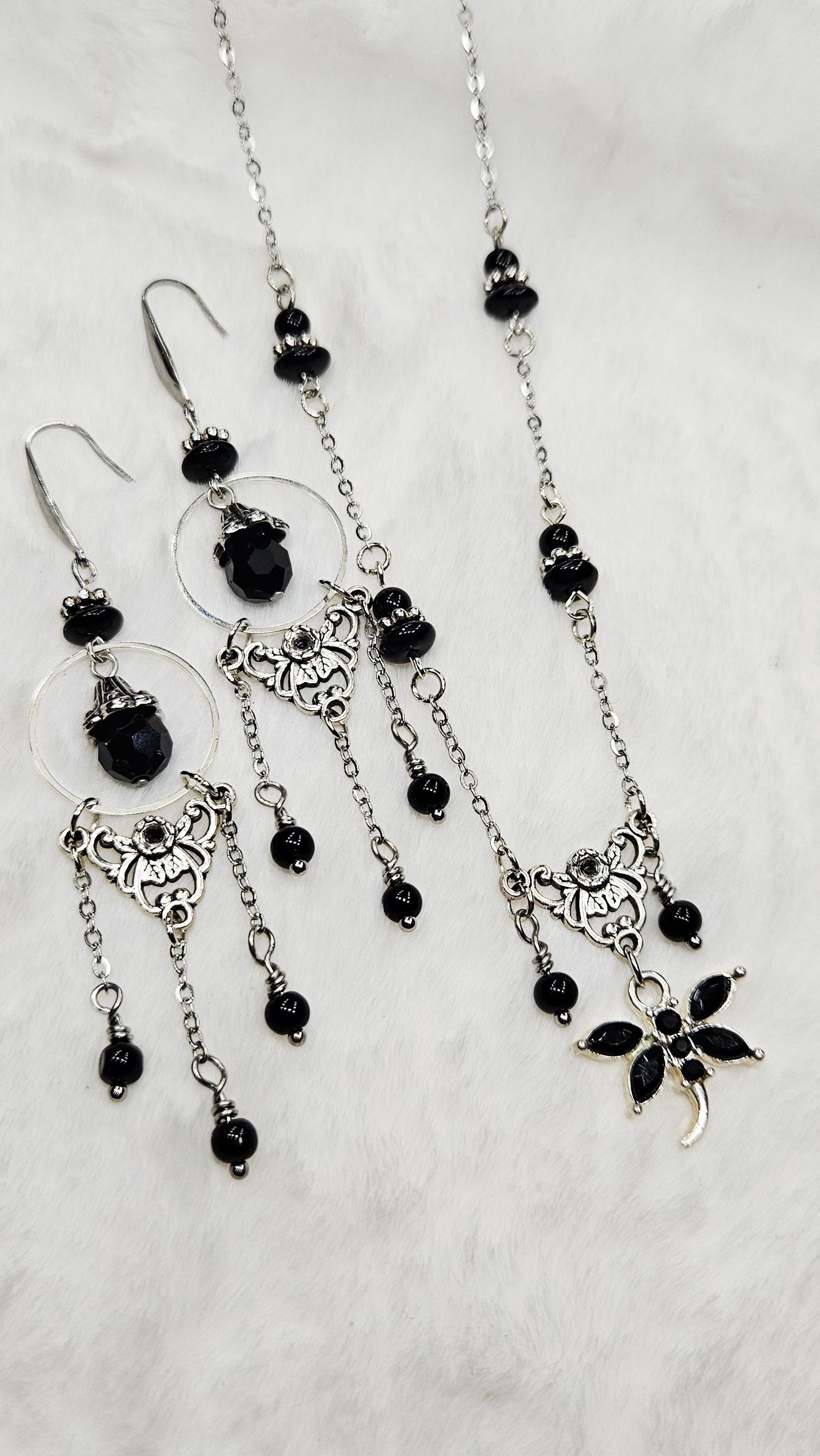 Vintage Filigree Set - Black Crystal Dragonfly and Silver Filigree Pendant Necklace with Earrings